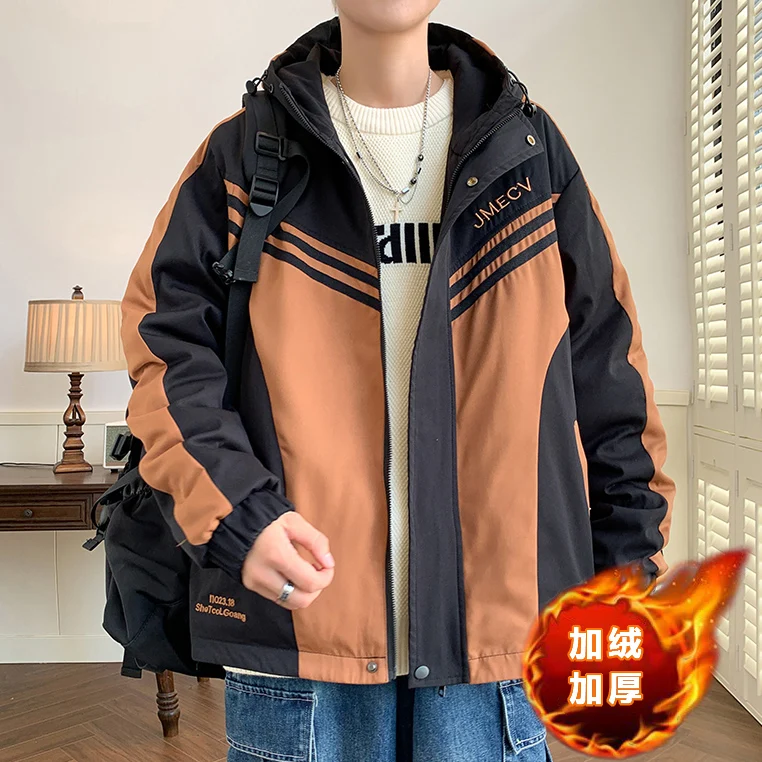 Fashion 2024 Autumn Winter Men\'s Plush And Thicken Hooded Jackets Outwear Loose Warm Parkas Youth Windproof Fleece Coat Clothing