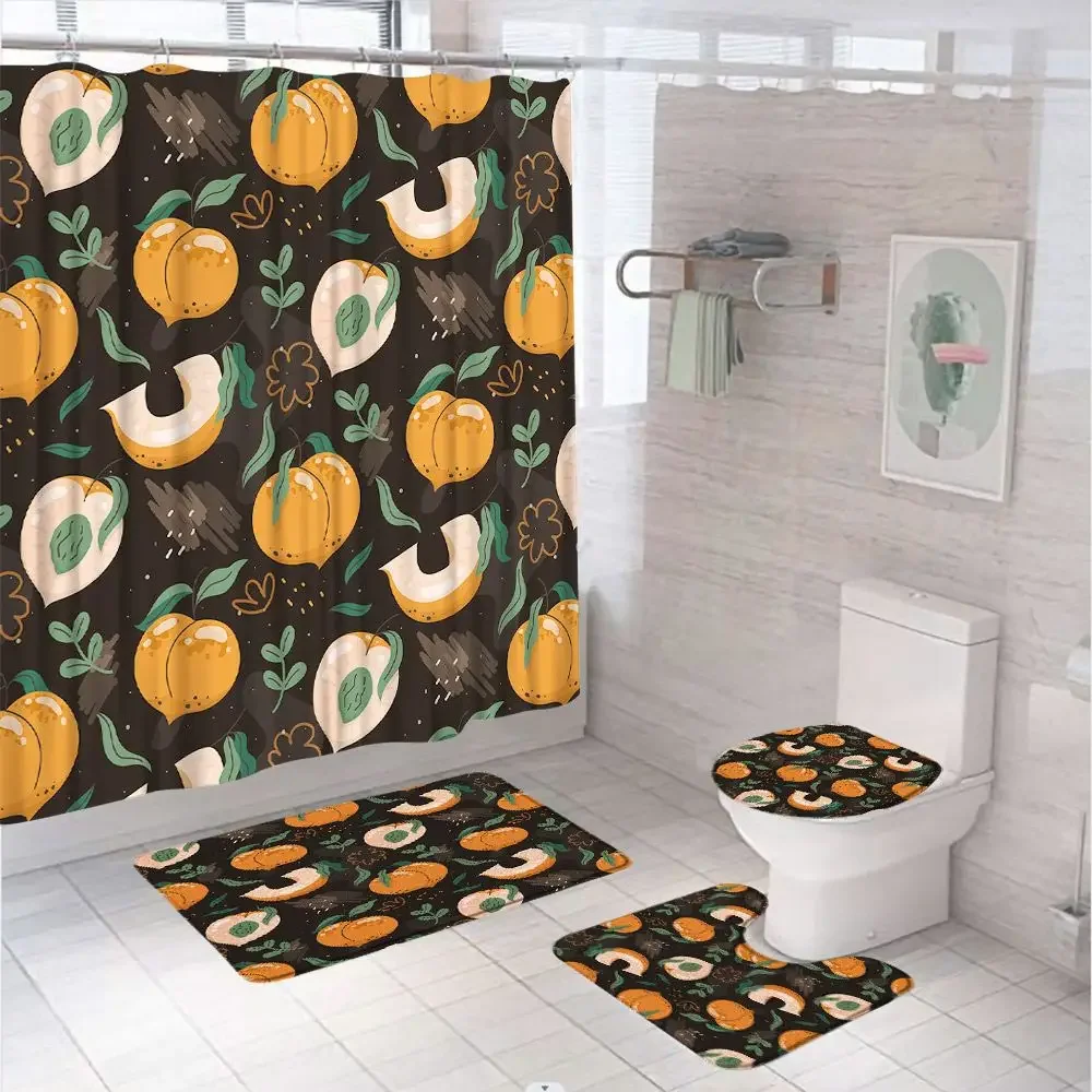 Yellow Lemon Shower Curtains Sets Anti-slip Rug Lid Toilet Cover Bath Mat Plants Watercolor Green Leaves Fruits Bathroom Curtain