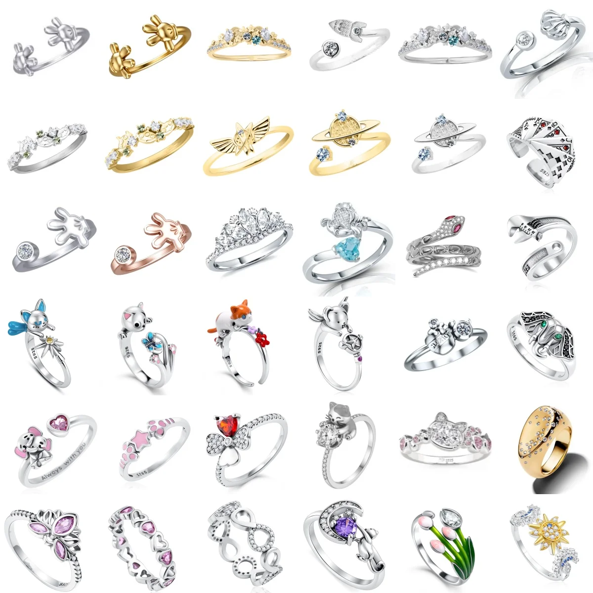 925 Silver Cute Dog Cat Tulip Serpentine Ring Size 6 7 8 9 Suitable for Valentine's Day Women's Gift  High end Fashion Jewelry