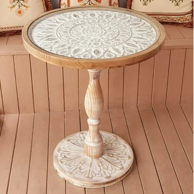 Vintage French Solid Wood Round Table Antique Moroccan Homestay Coffee Table Glass Carved Hotel Furniture