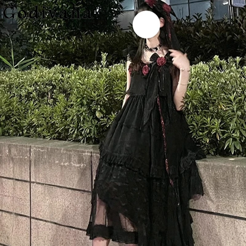 블랙 로즈 로리타 Jsk 드레스 여성 꽃 웨딩 Cos 드레스 여성 민소매 귀여운 공주 새해 인사말 드레스