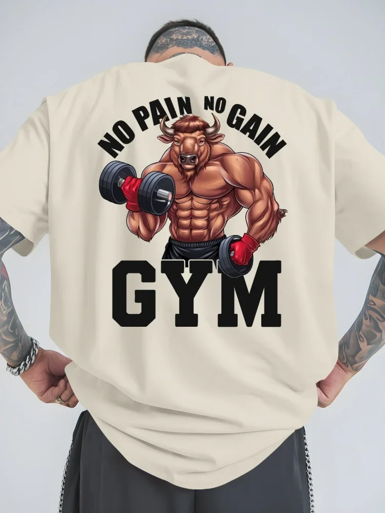 No Pain No Gain Gym T-shirt Funny Cartoon Pattern Print Men T-shirt Workout Off Streetwear Tee Breathable Fitness T Shirt