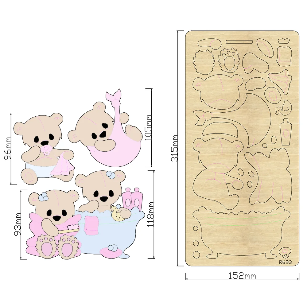 

Bathing Baby Bears Wooden Cutting Dies Scrapbooking DIY Suitable For Common Die Cutting Machines On The Market / R693