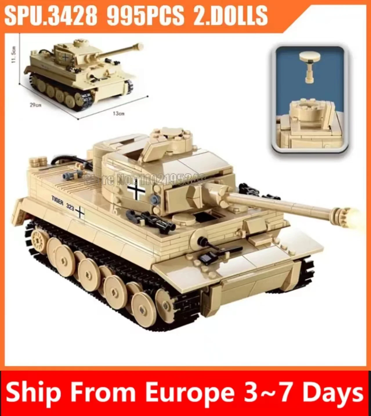 

82011 995pcs Ww2 Military Panzer German King Tiger Tank Army Weapon Boy Building Blocks 2 Dolls Toy Brick