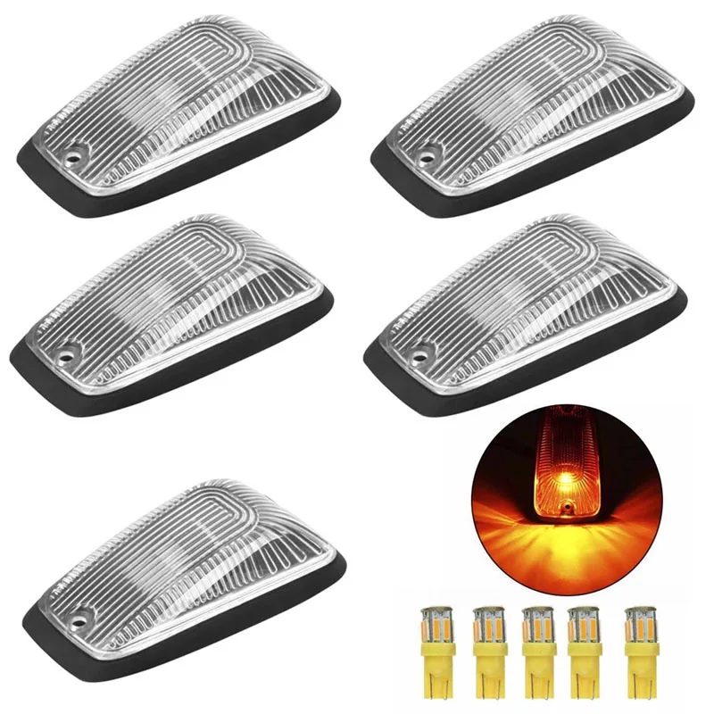 5pcs Amber LED Cab Roof Top Marker Lamps Running Lights For Truck SUV For Chevy GMC 1988-2002 (Black Smoked Transparency Lens)