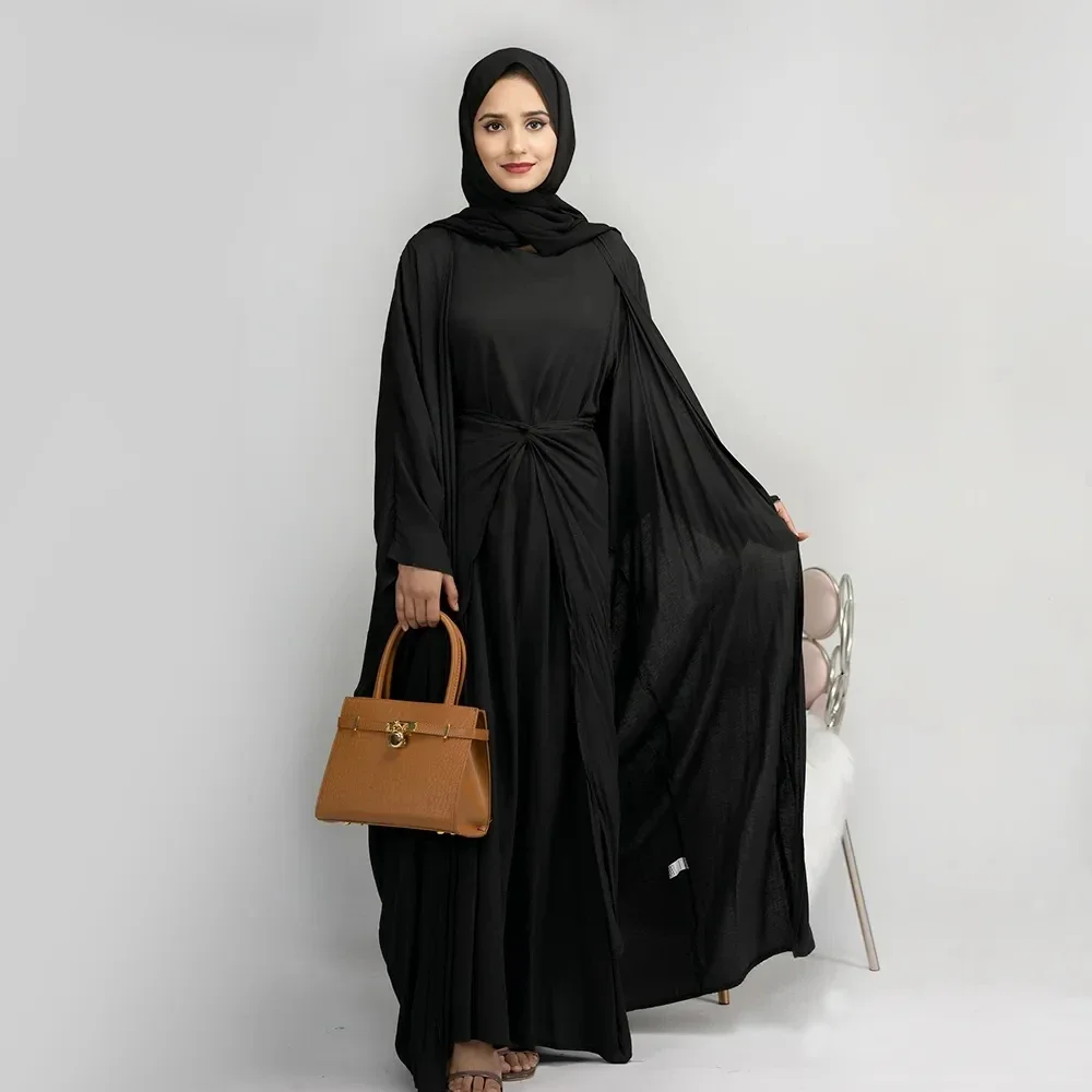 3 Piece Matching Set Women Muslim Linene Dubai Arabic Modest Outfit Kimono Open Abaya Maxi Dress Wrap Front Skirt Ramadan Party