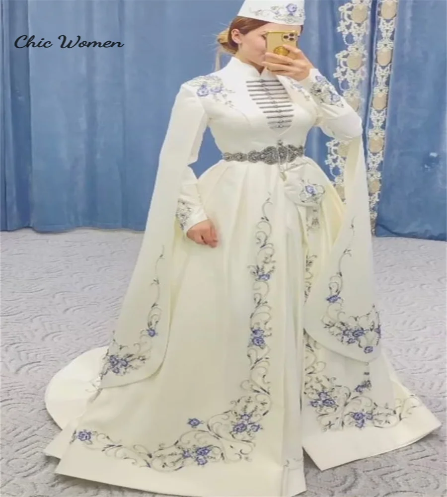 Whimsical Islamic Muslimah Wedding Dress 2024 Traditional Caucasian Georgian Turkish Bridal Gown Beaded Satin Saudi Arabic Bride