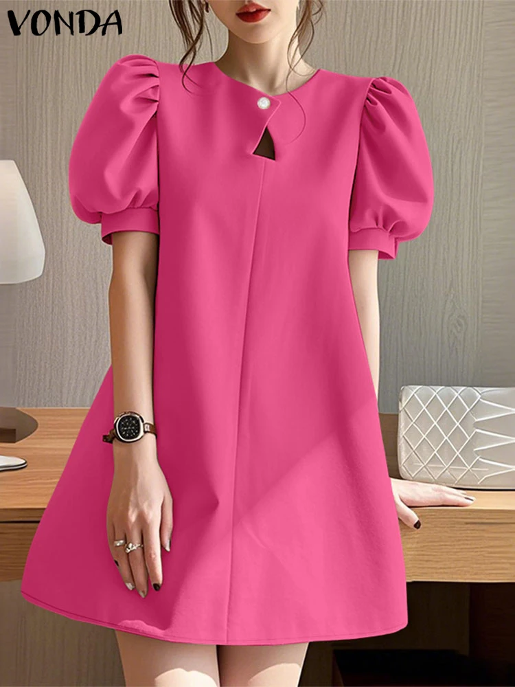 

VONDA Elegant Mini Dresses For Women Summer Short Sleeve Sundress 2025 Fashion Puff Sleeve Hollow Out Casual Solid Korean Robe