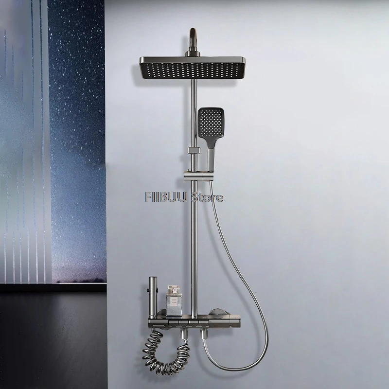 

LED Display Shower System With Large Shower Head Hidden Waterfall Outlet Four-function Button Shower Set For Home Hotel Bathroom