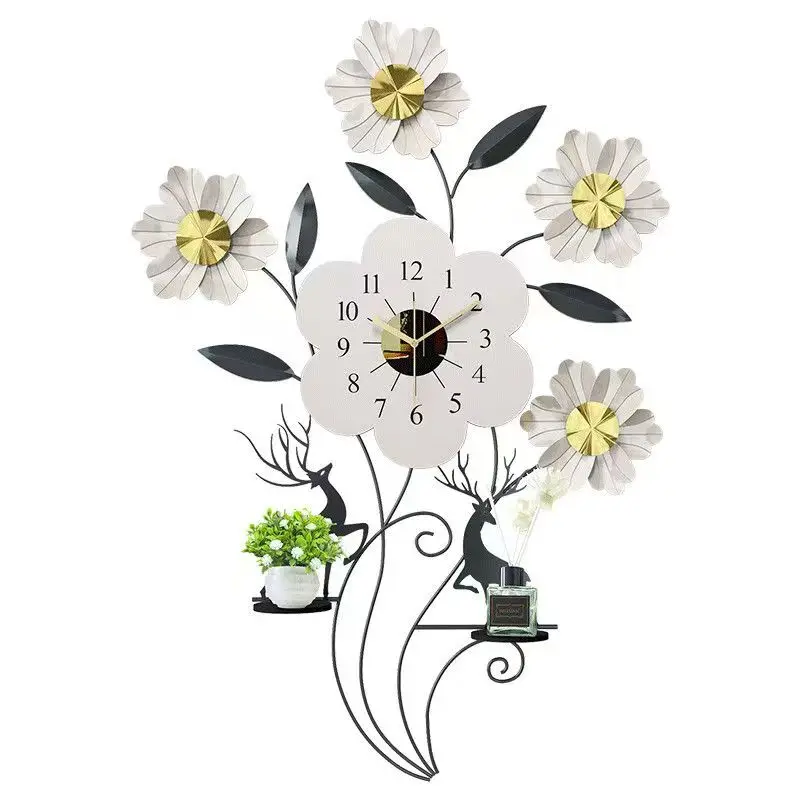&c 90X65CM French-style Flower Creative, Hole-free Decorative, Oversized Wall-mounted Clock, Silent and Light Luxury Timepiece