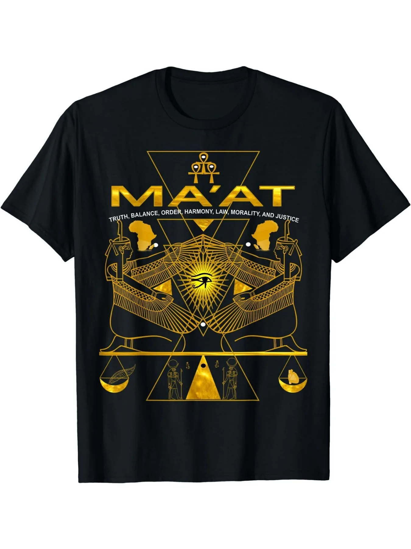 

AKD MA'AT MAAT Sacred Geometry Egyptian-Inspired T-Shirt for Men 100% Cotton Black with Golden Hieroglyphs