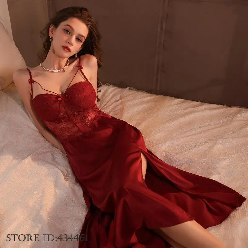 

Sexy Burgundy Rayon Nightgown Female Sleepwear Hollow Out Perspective Nightdress Intimate Lingerie Summer Nightwear Home Dress