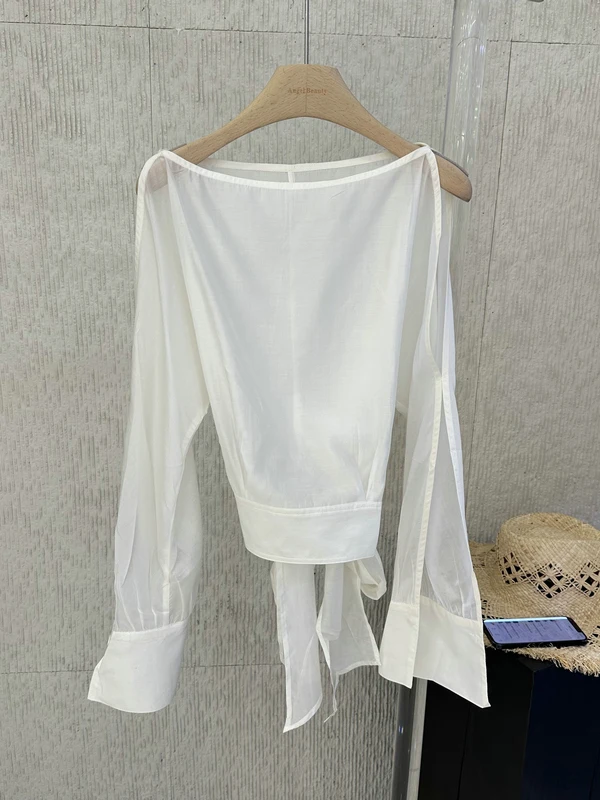 

Korean Style Chic Shoulder Bared Shirt Thin Transparent Women's Shirt Summer 2026 Seasonal Personality Back Tie Waist Shirt