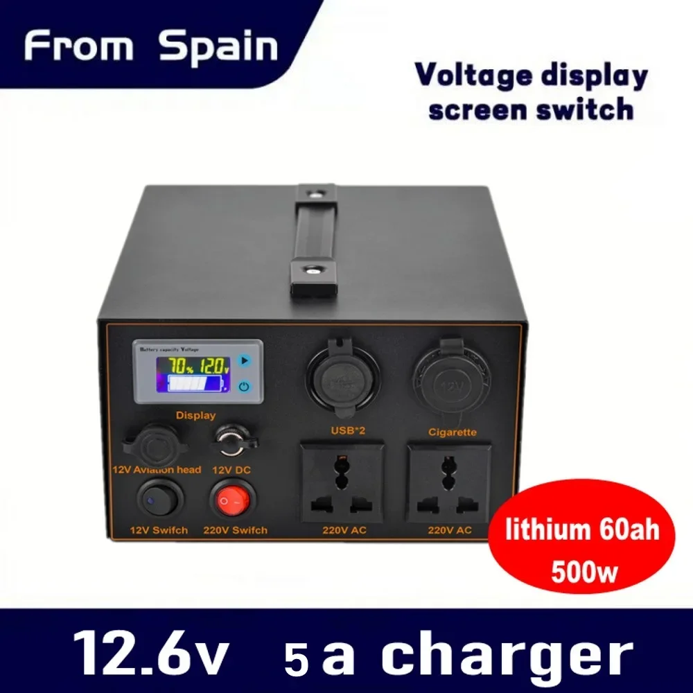 12v 60ah Lithium Battery Pack Solar Recharge Power AC 220V 500W Inverter Output for Mobile Camping Backpacks Outdoor