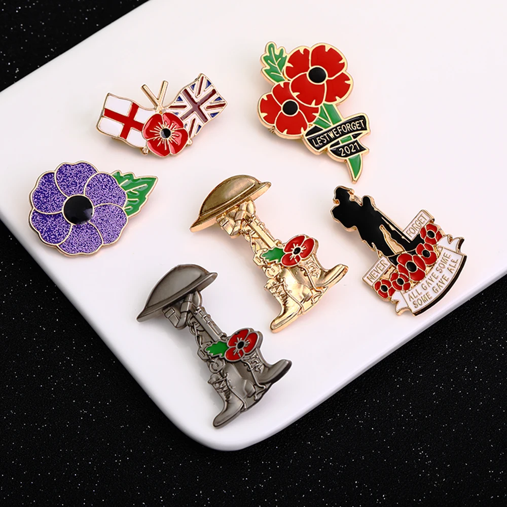 الكلاسيكية 7 أنماط تذكار يوم المينا دبابيس قائمة ننسى زهرة الخشخاش الذهبي دبابيس الجندي على شكل شارة #3