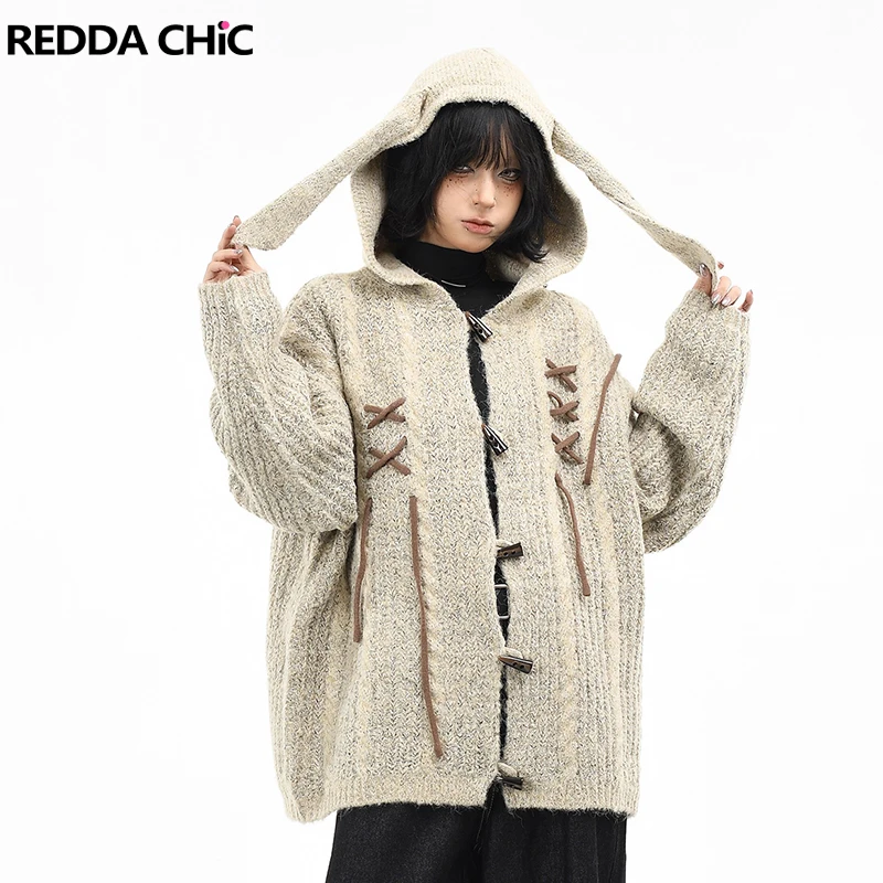 

REDDACHiC Лолита кардиган с кроличьими ушками, женский свитер в стиле ретро с роговой пуговицей и длинными рукавами, свободный вязаный джемпер с капюшоном, осенняя верхняя одежда для отдыха