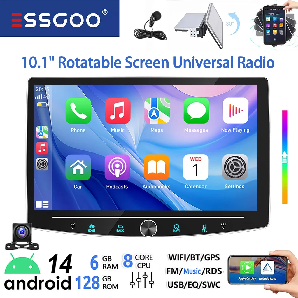 ESSGOO 6+128G 8-core 4G Android 14 Universeel Autoradio Draadloze Carplay Android Auto 1DIN 101" 360° Draaibaar Touchscreen met Microfoon Kleurrijke Knop AM Wifi Bluetooth RDS Multimedia Videospeler