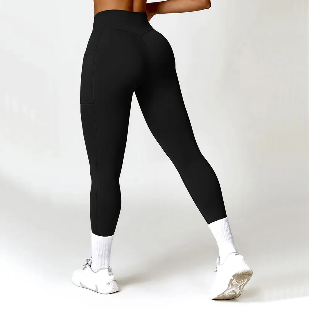 Cross Waist Yoga Pants Pocket High Waist Push Up Sport Fitness Leggings Women Super Stretchy Gym Workout Tights Running Pants