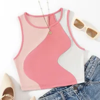 Top corto de colores empalmados para mujer, Top corto de punto acanalado con cuello redondo, camiseta sin mangas Sexy, Top sin espalda, camisetas sin mangas con ombligo descubierto, playa de verano