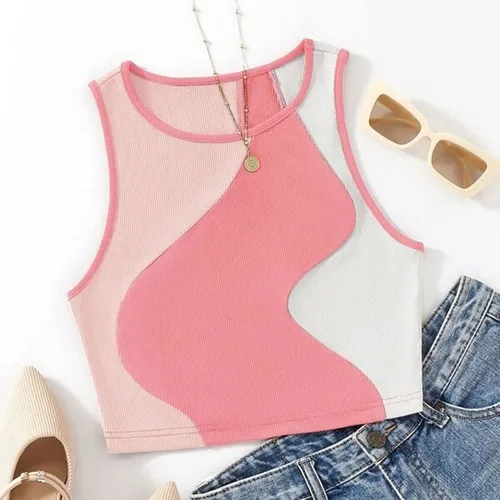 Top corto de colores empalmados para mujer, Top corto de punto acanalado con cuello redondo, camiseta sin mangas Sexy, Top sin espalda, camisetas sin mangas con ombligo descubierto, playa de verano