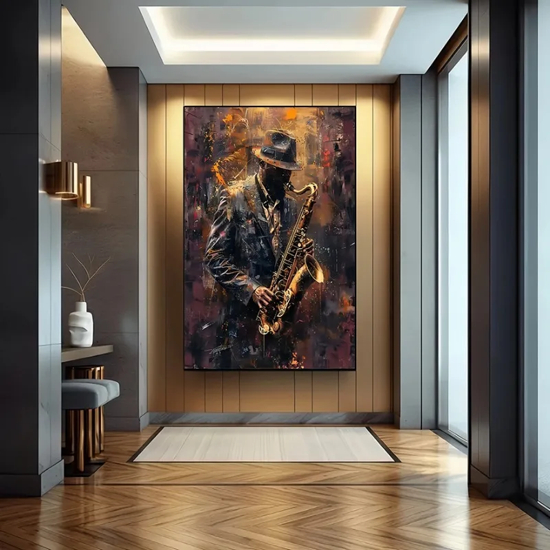 2D Flat Saxophonist Canvas Prints Modern Abstract Jazz Music Poster Canvas Print Wall Art Decor for Living Room Bedroom Office