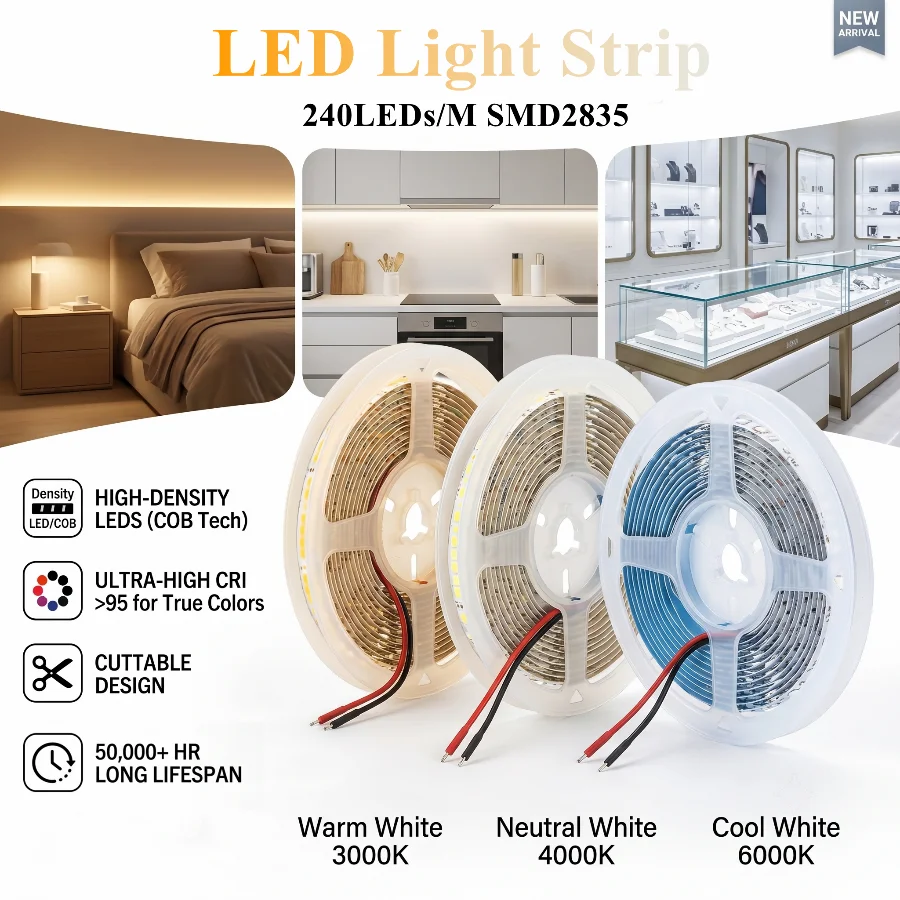 10M~0.5M SMD2835 LED Light Strip High Density 240LEDs/M Dimmable DC12V 24V Flexible Light for Room TV Background Decoration