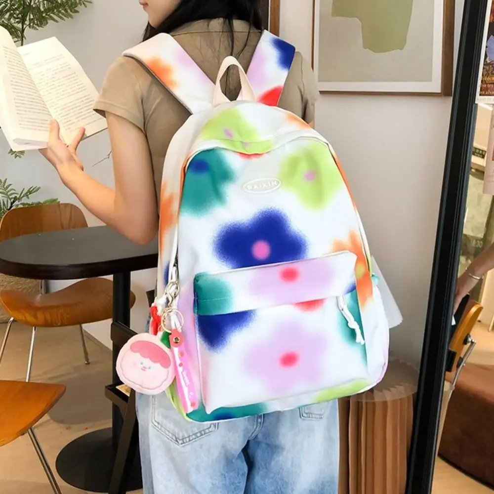 Large Capacity Flower Backpack Korean Style Graffiti Tie-dye Shoulder Bag Creative with Pendant Colorfu Floal School Bag School