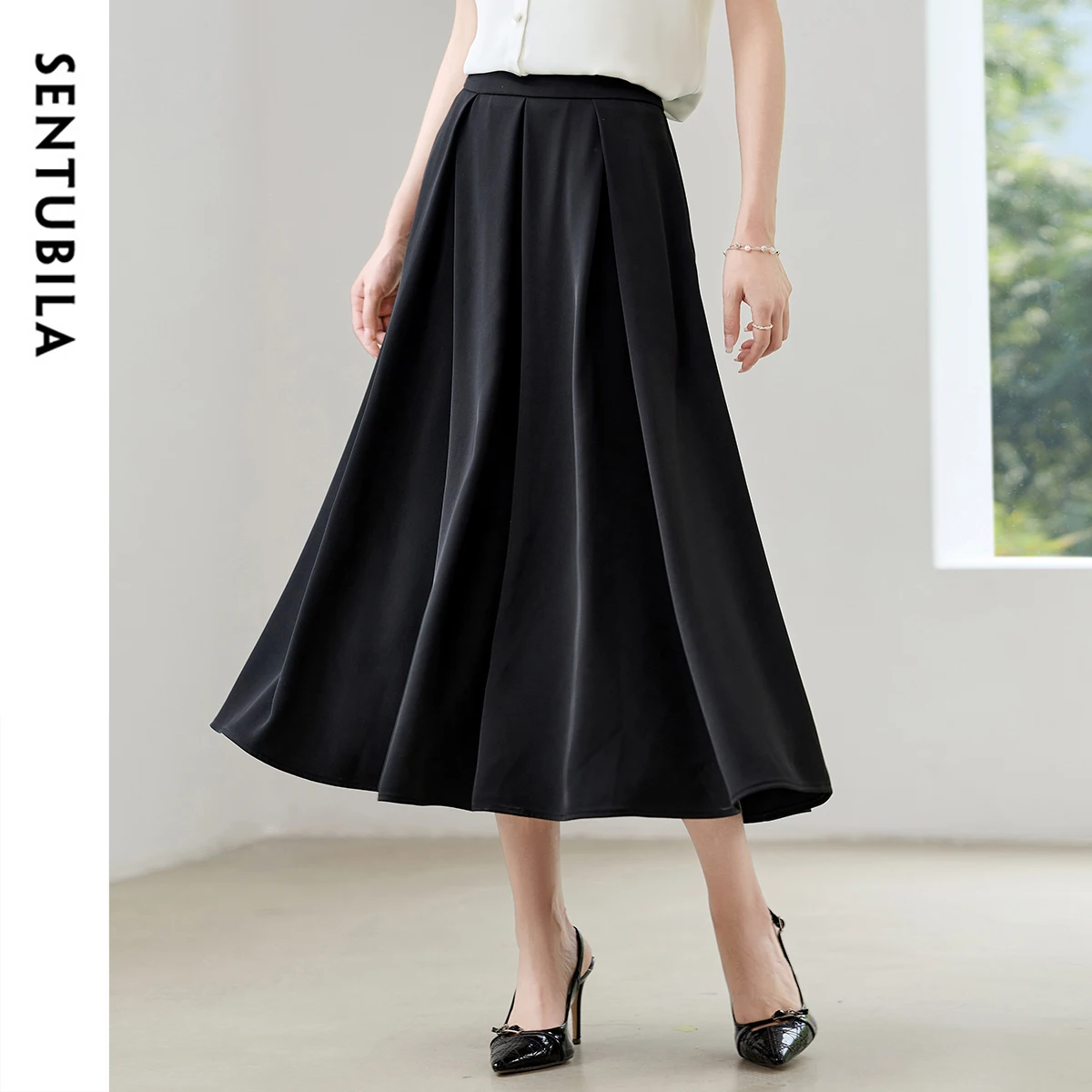 

SENTUBILA Women's Summer Black Midi Skirt 2025 New Collection Commuter A Line Skirts Side Pockets Office Woman Clothes 152QG8802