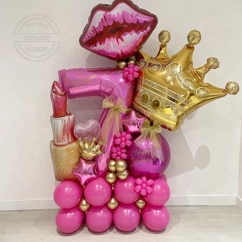 46pcs Pink Princess Birthday Decoration Balloons Pink Number Gold Crown Lipstick Lips Foil Balloon for Girl Birthday Party Decor