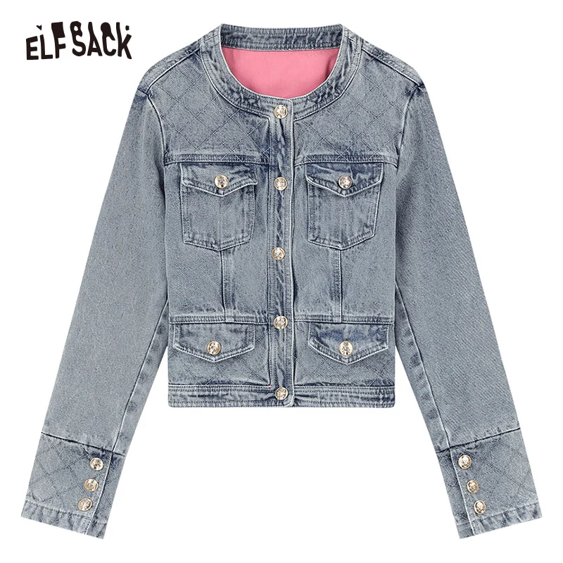 ELFSACK distinctive crew neck cropped denim coat for women 2024 spring new vintage loose long sleeve versatile cropped top