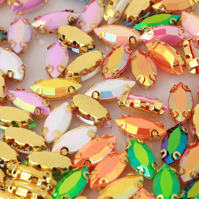 PEESOM New Sell 7X15mm Color AB Horse Eye Stone Sewing Gold Claw Set Sew-on Color AB Rhinestone Acrylic for Clothing Accessories