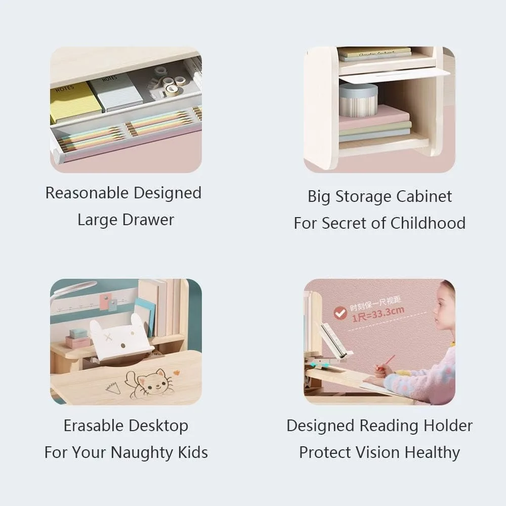 Ergonomic Multi Function Wood Adjustable Kids Study Desk Drafting Table and Computer Station with Book Shelf and Hutch