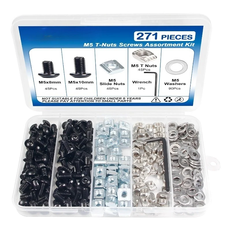 271pcs/box M5 T-Nuts Screws Kit for 8020 2040 2020 V Slot Aluminum Extrusion Profiles