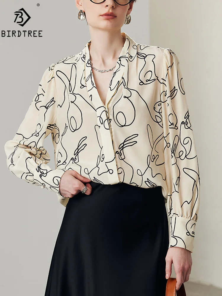 BirdTree, 6A 100%Real Silk Elegant Shirt, Women Long Sleeve V Neck Printed, Commute OL Fashion Blouse, Summer Autumn T47528QM