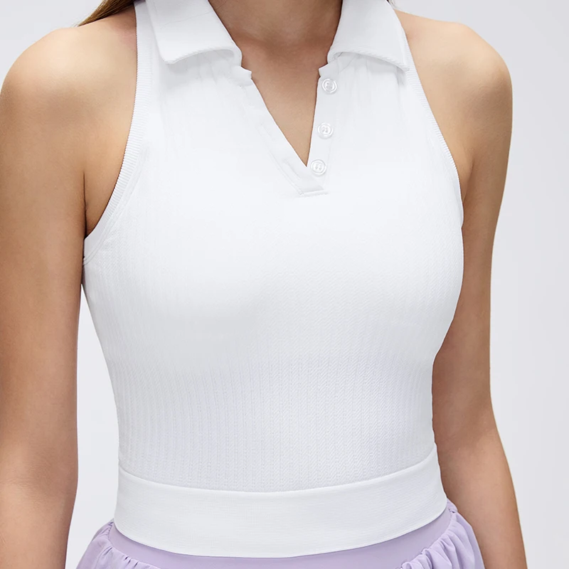 Women's Padded Polo Collar Sports Bra, Shockproof Push Up Yoga Tank Top with Side Breast Support