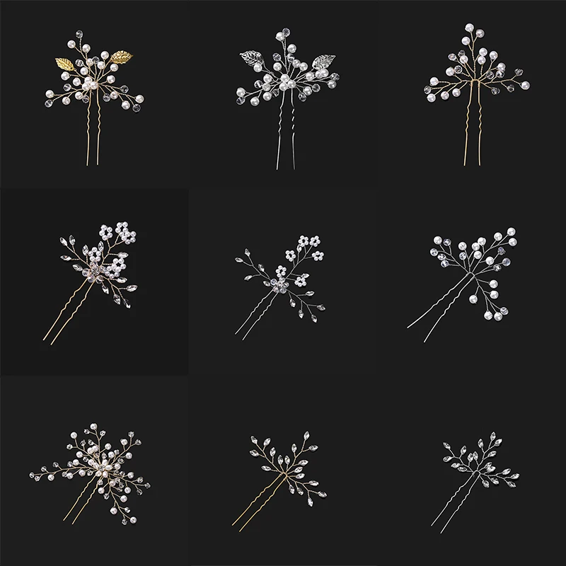 Women Wedding Hair Clip Pearl Rhinestone Hairpins Silver Color Design Head Jewelry Stick Crystal Bridal Hair Accessories