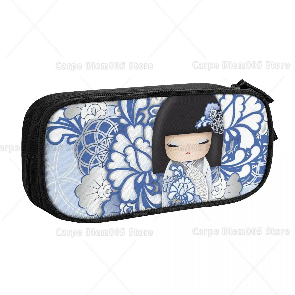 Japanese Kokeshi Doll Print Pencil Case Floral Pattern Zipper Pen Pouch, Large Capacity Stationery Organizer for Students