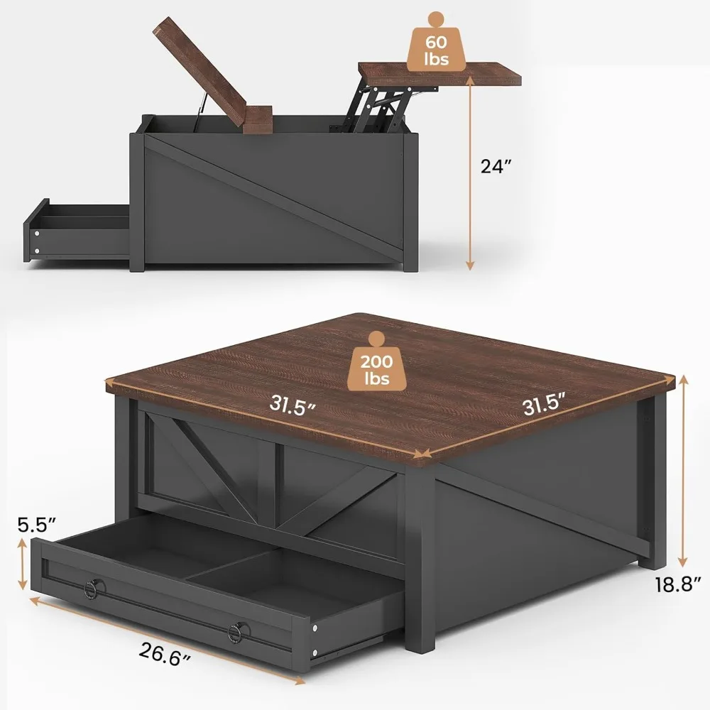 "طاولة قهوة خشبية مربعة الشكل لرفع التخزين مع أدراج ومقصورة مخفية"
