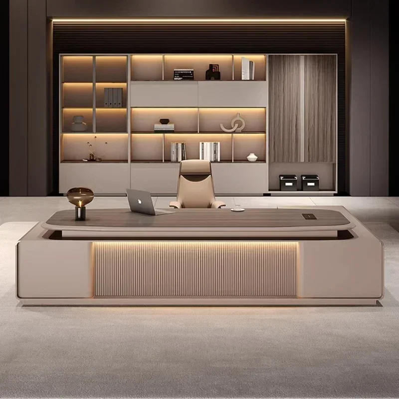 Modern Luxury Light Supervisor Boss Manager Luxury Executive Office Desk With Lamp Storage Drawers Computer Desks Bookcase Large