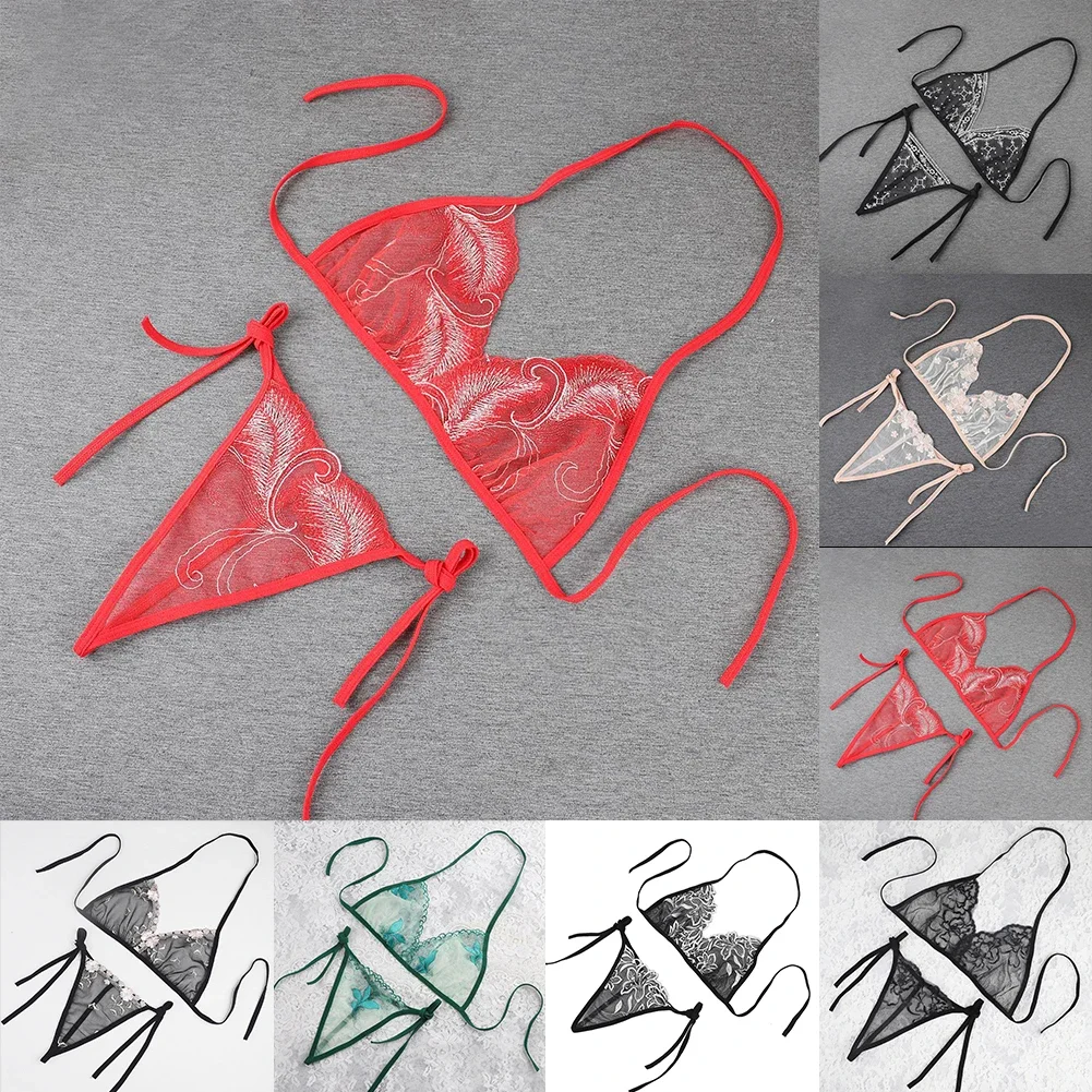 

Sexy Lingerie Women Bikini Set Embroidered Flower Three Point Transparent Mesh Lace Up Bra + Briefs Sets