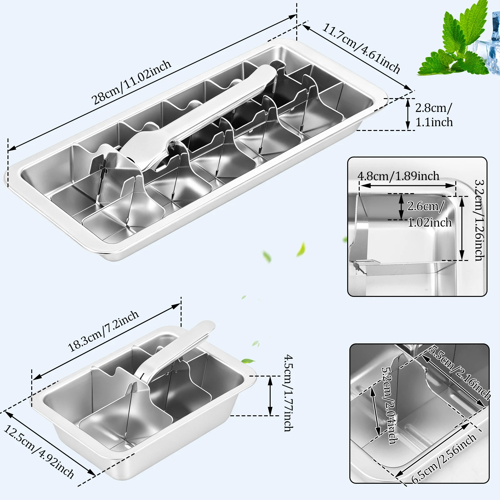 Stainless Steel Ice Cube Tray 6/18 Grids Easy Release Freezer Tray Detachable Ice Maker Mold Lever Handle for Whiskey Cocktail