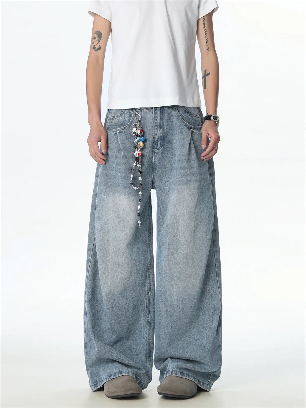 Retro American Washed Loose Double Pleat Baggy Jeans Men's Casual Brand Wide Leg Casual Pants Straight Leg Loose Fit Jeans