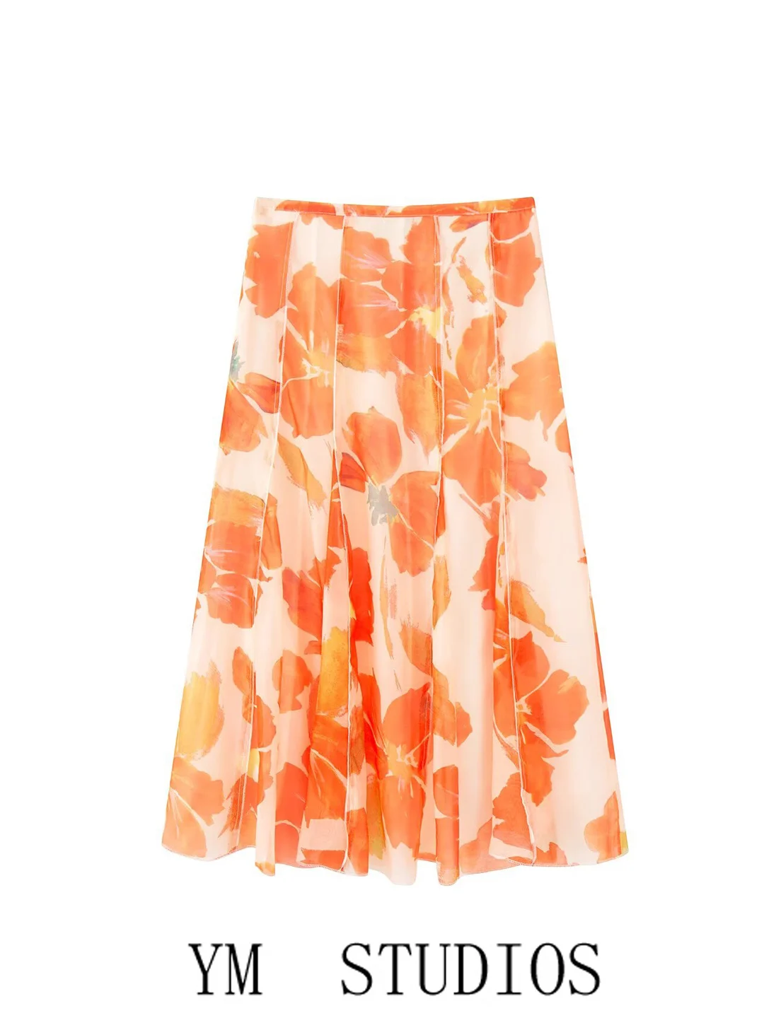 Island Style Orange Floral Print A-Line Midi Skirt Women's Holiday Slimming Skirt High Waist Polyester Fiber Print No Ironing