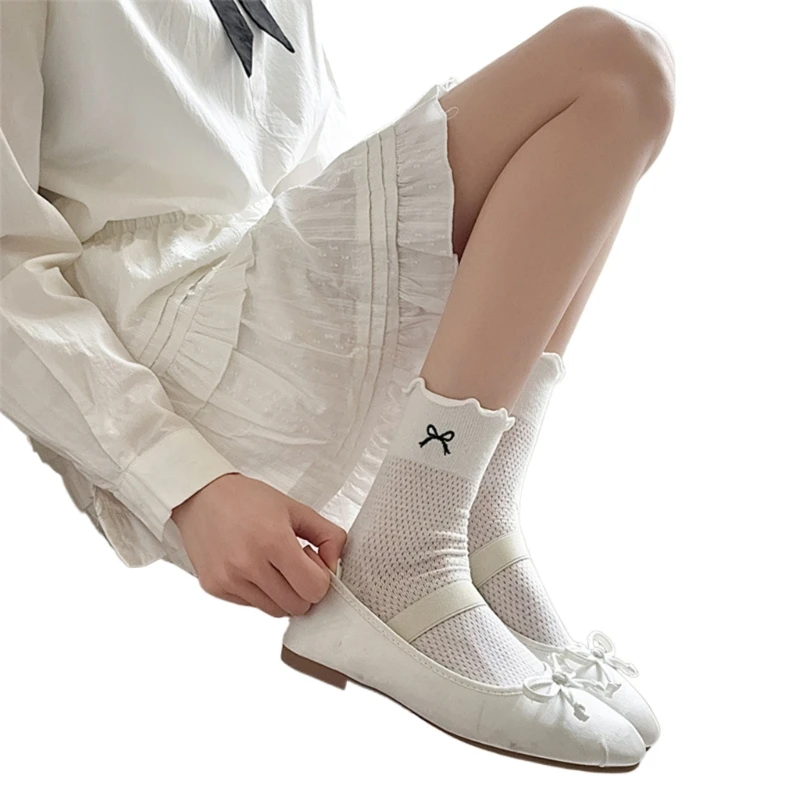 Trendy Mesh Socks with Embroidered Bowknot Ruffle Middle Calf Cotton Socks
