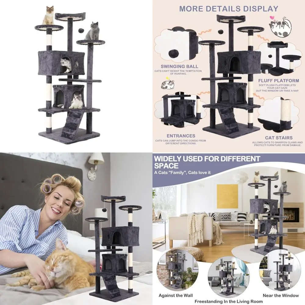 

Многоуровневая роскошная игровая полка для кошек с когтеточками и меховыми шариками для котят, центр активности для домашних кошек