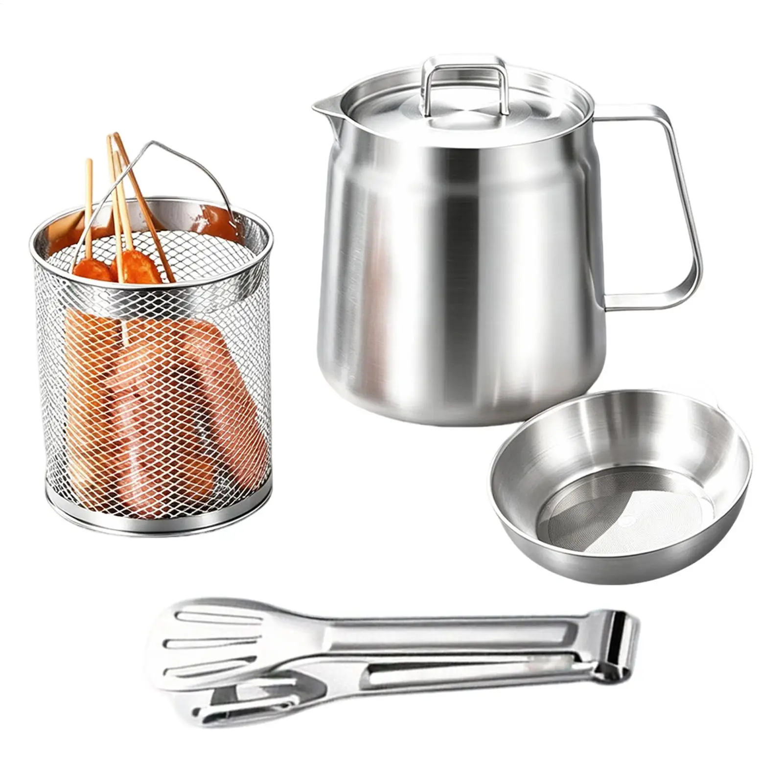 2-in-1 Stainless Steel Deep Fryer 2-liter Oil Filter Kettle With Frying Basket Kitchen Mini Bacon Oil Collection Container