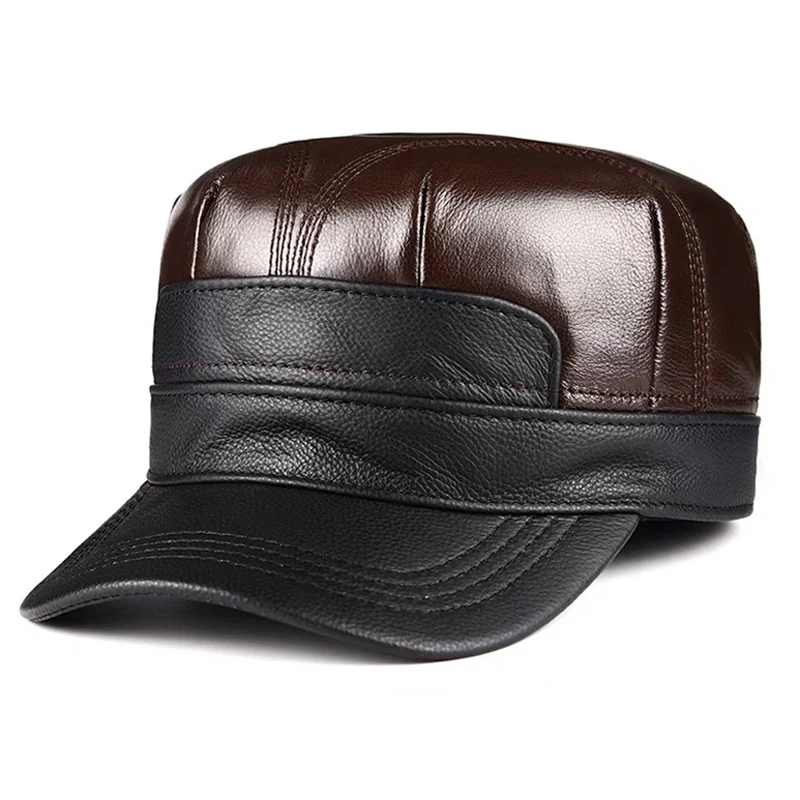 Genuine Leather Cowhide Cap Men's Flat Caps Warm Hat Elegant Man Baseball Cap British Vintage Hat Splicing together Black Brown