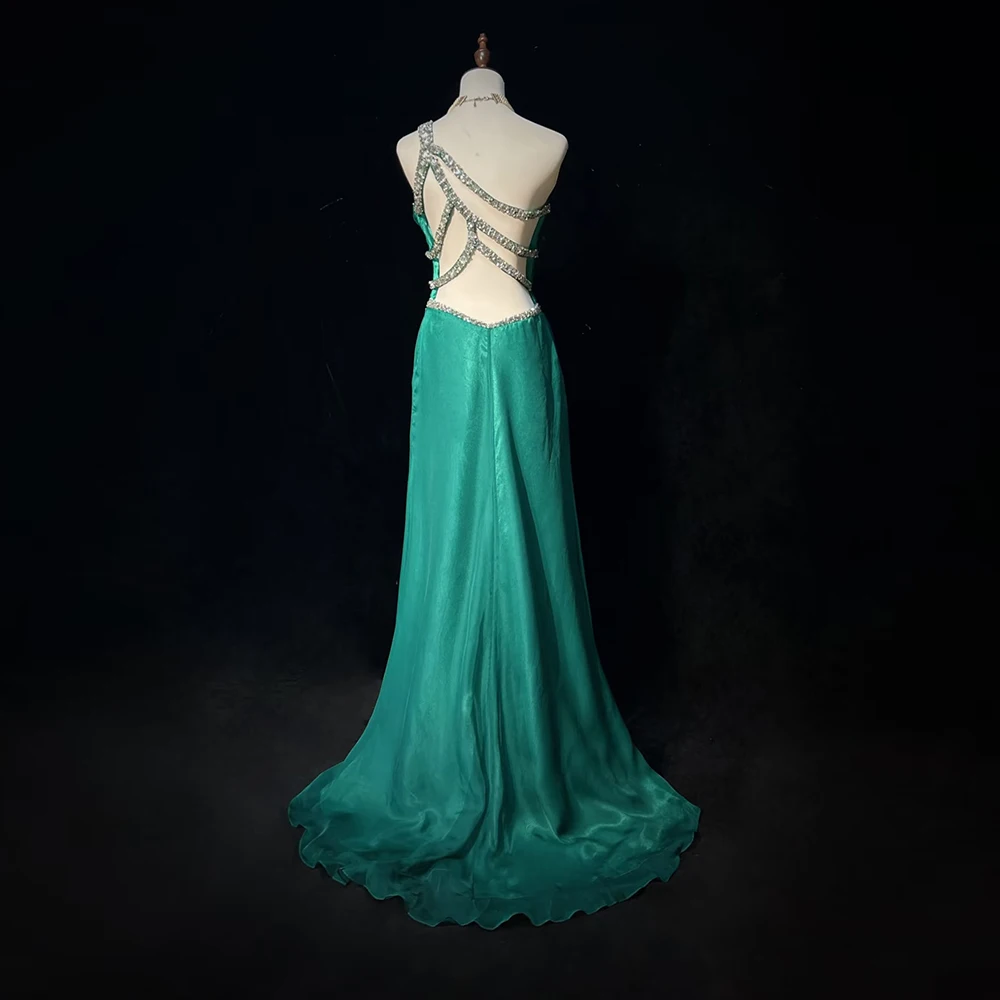 Vintage Green One Shoulder Crystal Prom Dress Backless Pleat Sleeveless Slit A-line Gown Wedding Cocktail Evening Party Dress
