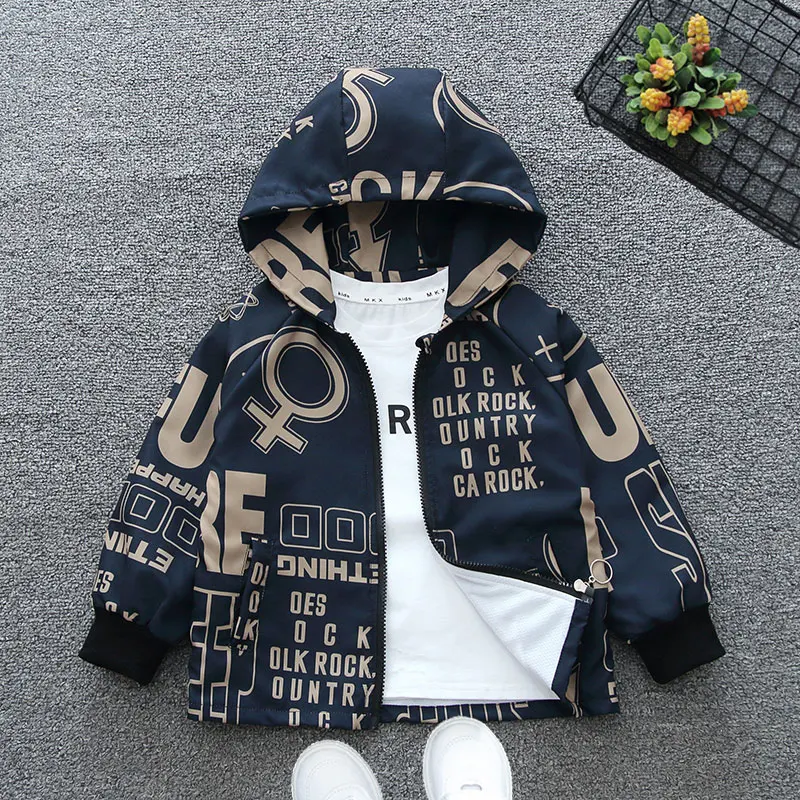Boys' Full-Print Letter Hooded Jackets, Trendy Style, Spring/Autumn, Ages 3-10 Years