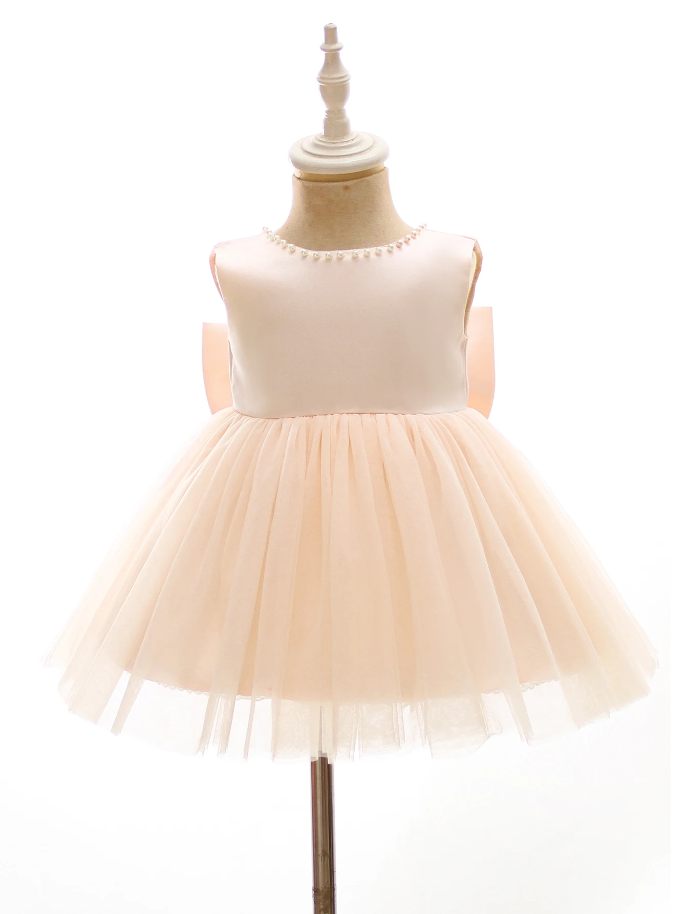 Satin Beaded Soft Tulle Big Bow Dress for Baby Baptism Wedding Party